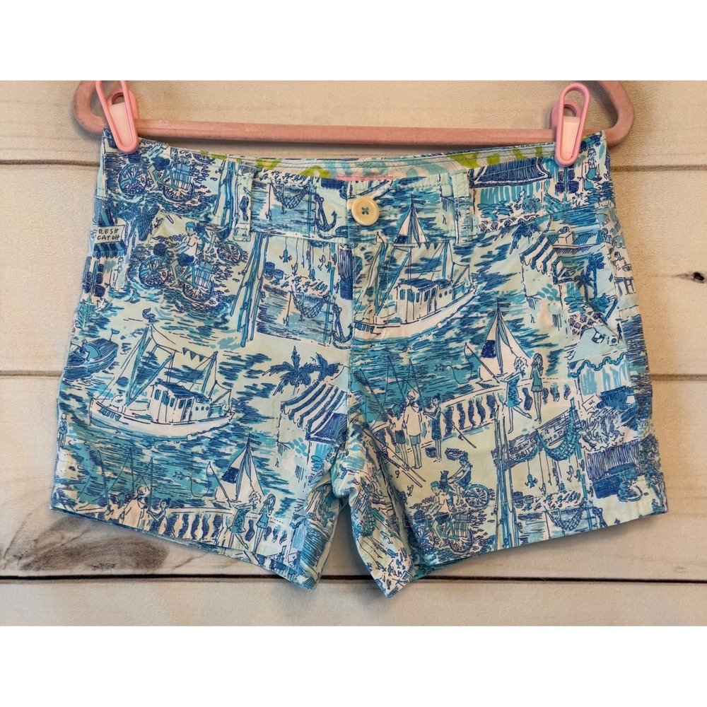 Lilly Pulitzer Callahan Shorts Fresh Catch Blue White Sailboat Print Size 2